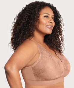 Glamorise Bramour Lexington Lace Plunge Wirefree Bralette - Cappuccino -BRASTOGO Sales bramour lexington lace plunge bralette cappuccino 3
