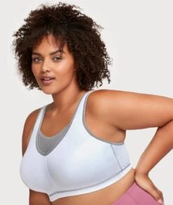 Glamorise No-Bounce Camisole Elite Wirefree Sports Bra - White/Gray -BRASTOGO Sales glamorise no bounce camisole elite sports bra white gray 3