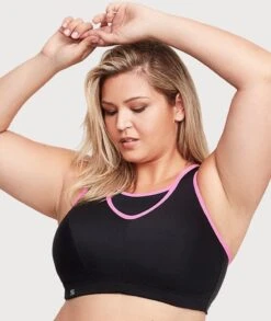 Glamorise No-Bounce Camisole Wirefree Sports Bra - Black/Pink -BRASTOGO Sales glamorise no bounce camisole sports bra black pink 3