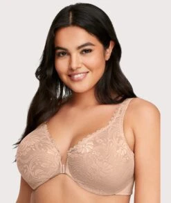 Glamorise WonderWire Front-Closure Stretch Lace Bra - Cafe -BRASTOGO Sales glamorise wonderwire front close stretch lace bra cafe 3
