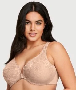 Glamorise WonderWire Front-Closure Stretch Lace Bra - Cafe -BRASTOGO Sales glamorise wonderwire front close stretch lace bra cafe 5