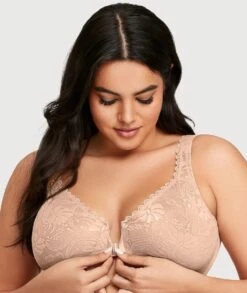 Glamorise WonderWire Front-Closure Stretch Lace Bra - Cafe -BRASTOGO Sales glamorise wonderwire front close stretch lace bra cafe 6