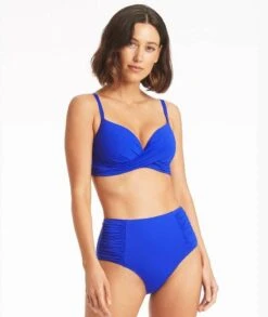 Sea Level Eco Essentials Gathered Side High Waist Bikini Brief - Cobalt -BRASTOGO Sales sea level eco essentials gathered side high waist bikini brief cobalt 4