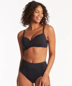 Sea Level Eco Essentials Gathered Side High Waist Bikini Brief - Sky Night Navy -BRASTOGO Sales sea level eco essentials gathered side high waist bikini brief sky night navy 3