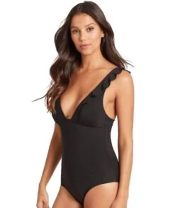 Sea Level Essentials Frill One Piece Swimsuit - Black -BRASTOGO Sales sea level essentials frill one piece swimsuit black 02