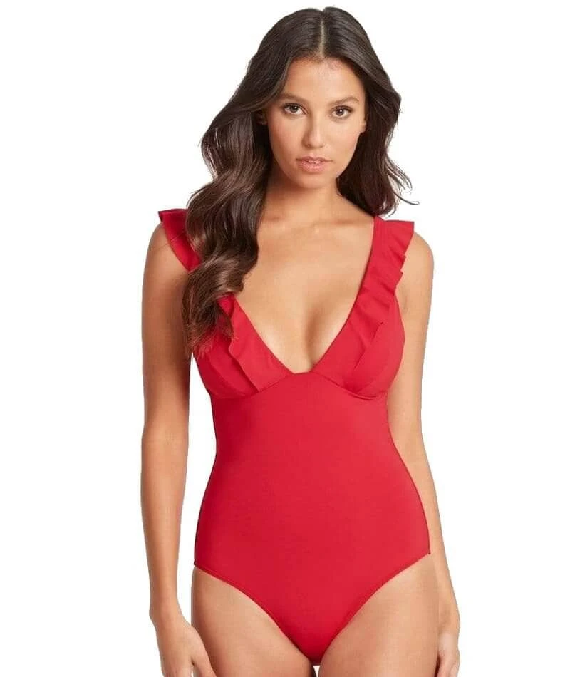 Sea Level Essentials Frill One Piece Swimsuit - Red 2 Sea Level Essentials Frill One Piece Swimsuit - Red