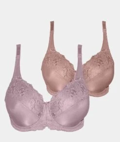 Triumph Embroidered Minimiser Bra 2 Pack - Lilac/Chocolate Mousse -BRASTOGO Sales triumph embroidered minimiser bra 2 pack lilac chocolate mousse
